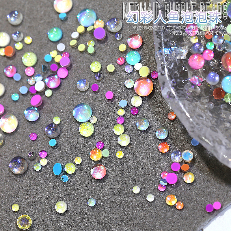 Aurora colorful Mermaid bubble beads nail drill size mixed color macaron flat diamond nail jewelry wholesale
