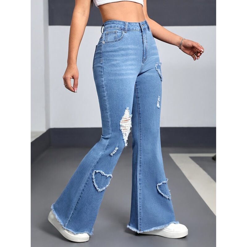Cross Border Flared Jeans Women's Stretch Heart Pattern Ripped Original Trim Fashion Casual Flared Jeans