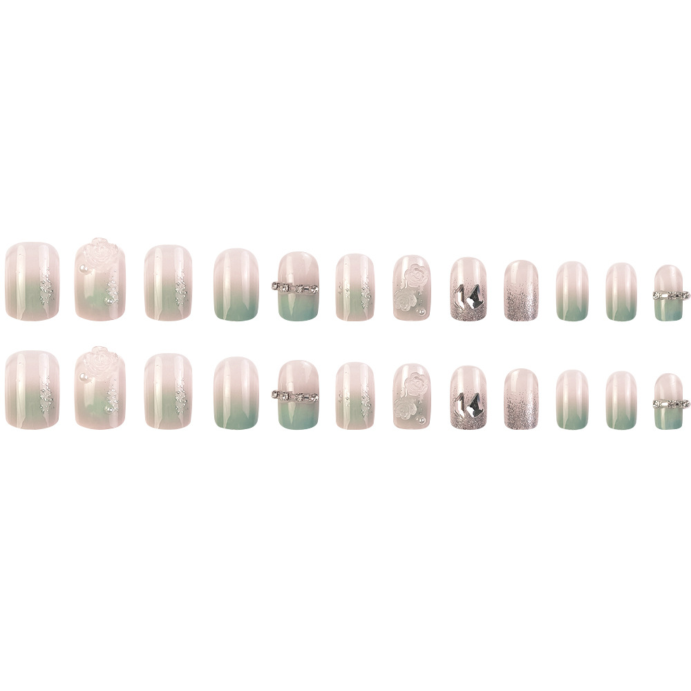 Desnudo transparente verde claro cristal rosado manicure rosa brillante diamante estilo francés usar 24 piezas de parche de uñas falsas