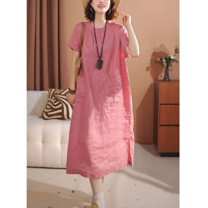 【Factory Direct Sale】New Summer Style Linen Solid Color Round Neck Dress with Large Pockets, Simple and Loose Fit, Flattering and Slimming 【Factory Direct Sale】New Summer Style Linen Solid Color Round Neck Dress with Large Pockets, Simple and Loose Fit, Flattering and Slimming
