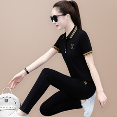 運動休閒套裝女夏2022新款翻領減齡顯瘦短袖POLO衫長褲兩件套