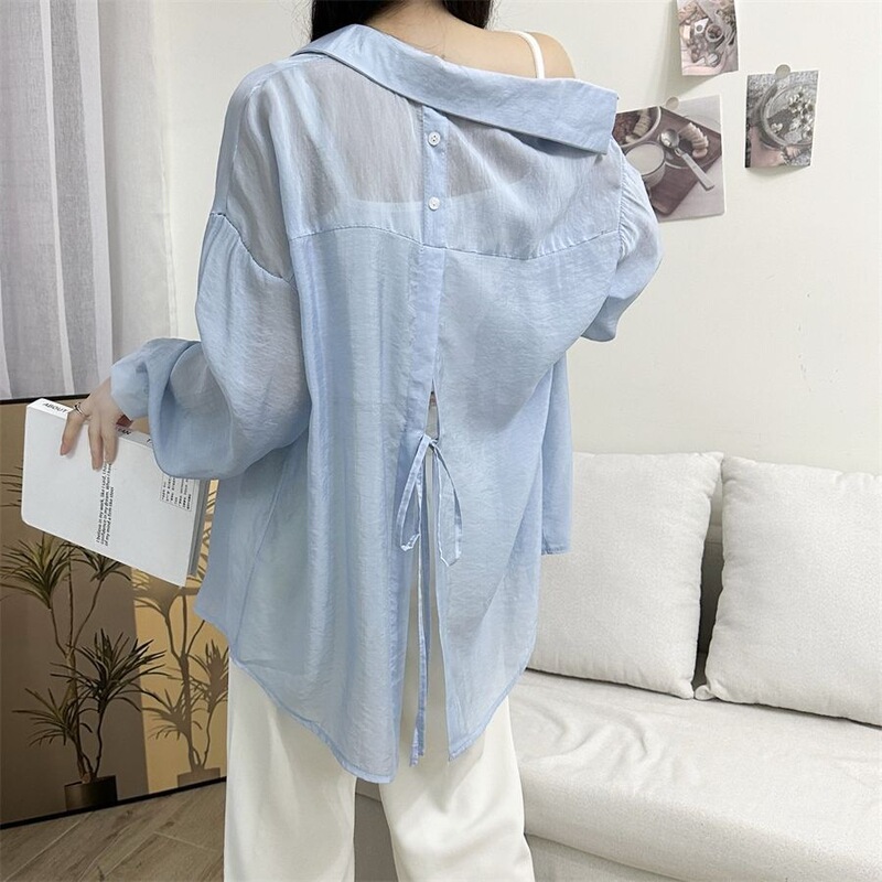 Thin Tencel Long-sleeved Sun-protective Clothing Women's Outer Wearing Summer Design Sense Back Split Lace-up Shirt Ultra-light Top