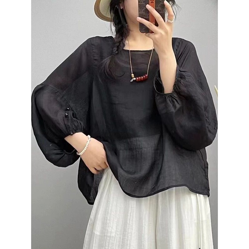 Women's vintage ramie solid color round-neck shirt, summer loose plus-size slimming lantern sleeve top Women's vintage ramie solid color round-neck shirt, summer loose plus-size slimming lantern sleeve top