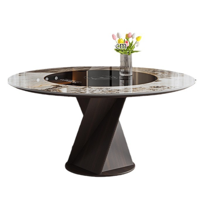 Mesa de comedor de tablero de roca de madera maciza, plato giratorio eléctrico empotrado, estilo retro, pequeño apartamento, mesa de comedor redonda para el hogar, color nogal