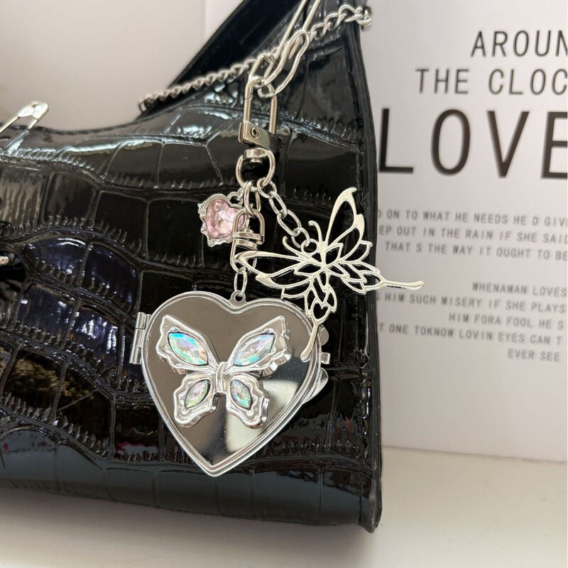 Ins Colorful Bow Love Mirror Keychain Pink Diamond Love Pendant High-end Bag Pendant Accessories Women
