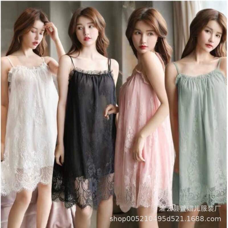 Sexy Suspender Pajamas, Transparent Sexy Lingerie, Women's Lace Loose See-Through Temptation Nightgown, Home Princess Dress