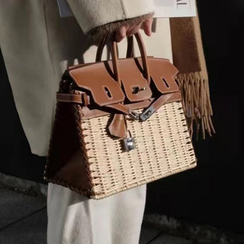 High-Quality Rattan Woven Bag, Bamboo Rattan Woven Handbag, Wicker Crossbody Bag for Women, Birkin Picnic Bag High-Quality Rattan Woven Bag, Bamboo Rattan Woven Handbag, Wicker Crossbody Bag for Women, Birkin Picnic Bag