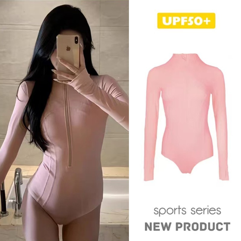尾波冲浪高领泳衣女长袖长裤专业防晒UPF50+连体速干潜水服水母衣|undefined