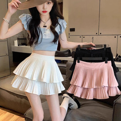小柄な白い蓬蓬のケーキのスカートの女性のフランスの夏の2025年の新型の高い腰のa字の百のしわの半身のスカート