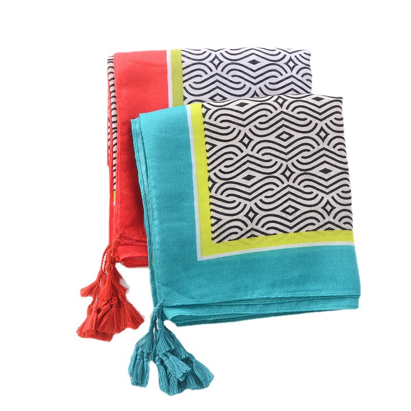 Amazon transfronterizo Primavera fina bufanda de seda de las mujeres del todo fósforo chal de viaje patrón geométrico cáñamo algodón y lino sensación bufanda