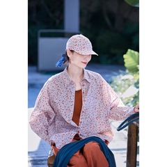 秋季新款文艺复古上衣女橙粉碎花凉感纯棉开衫宽松休闲画家大衬衫
