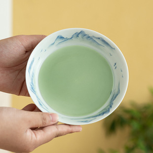 Green Hand-painted Landscape Pot Bearing Dry Bubble Table Pot Cushion Tea Bearing Pot Tray Ceramic Cover Bowl Bottom Fruit Refreshment Plate