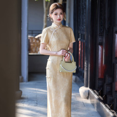 黃色中式長款改良旗袍2025新款年輕款女復古修身短袖高考送考夏季