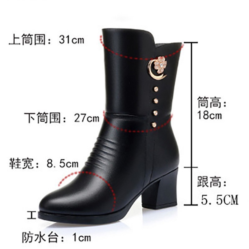 跨境外贸新款大码加厚加绒棉靴女水钻珍珠中跟皮靴中筒粗跟靴子42|undefined