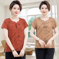 中高年コットンレディース2025夏ゆるい半袖tシャツカジュアルママシャツ人工コットン上着薄い
