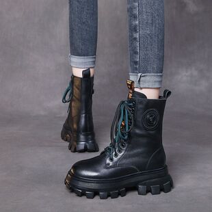2024 new autumn and winter knight boots soft leather martin boots women's all-match muffin mid-barrel side zipper single-lining motorcycle boots for women