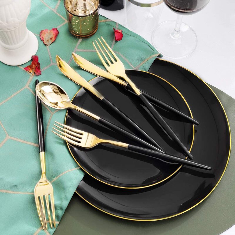 Set of 25 Disposable Knife, Fork and Spoon Hard Plastic PS White Double Section Knife, Fork and Spoon Golden Western Food Black Knife, Fork and Spoon