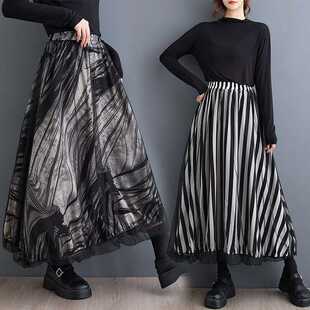 Autumn 2024 New Korean Style plus size Mesh Double-Layer Rubber Band Niche Design Sense Printed Elastic Waist