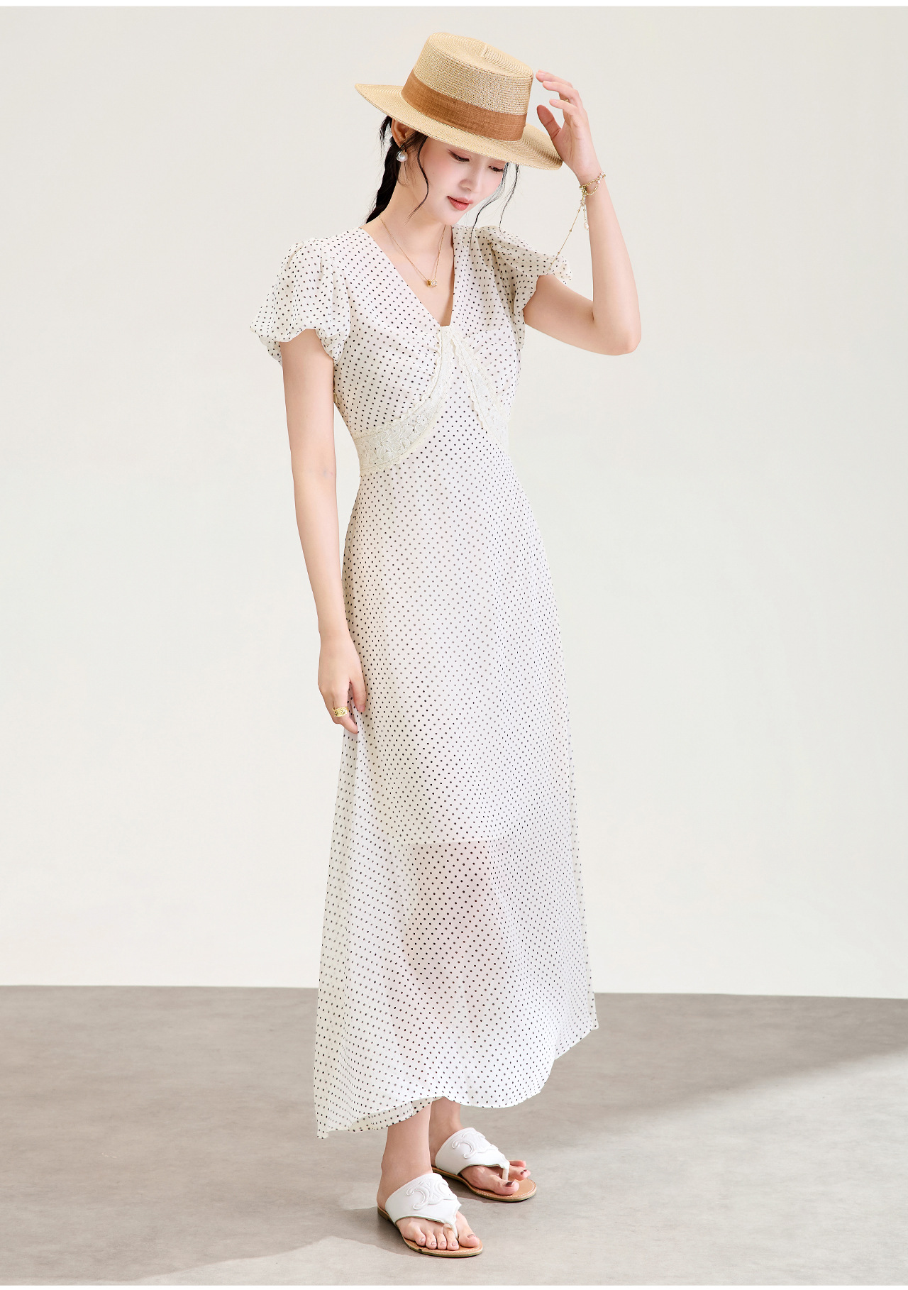 Đầm maxi nữ cổ V ren chấm bi phong cách Pháp thắt eo — màu đen chi tiết 4