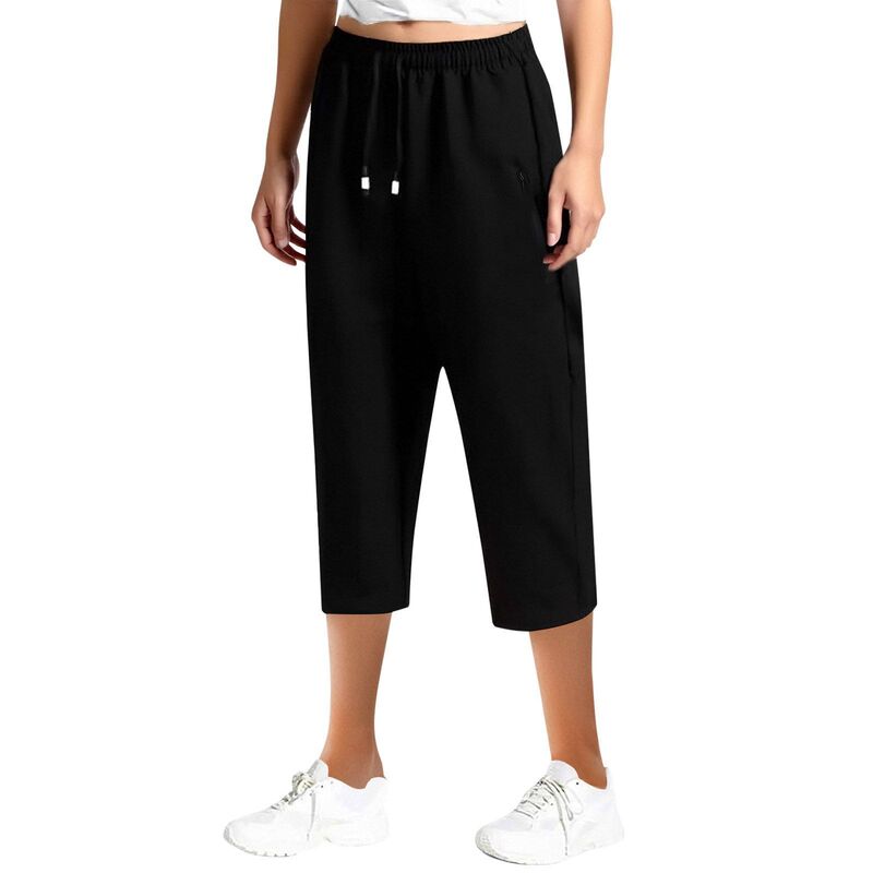 2026 New Women's Casual Solid Color Versatile Simple Loose Elastic Waist Cropped Pants Popular in European and American Cross-Border Trade