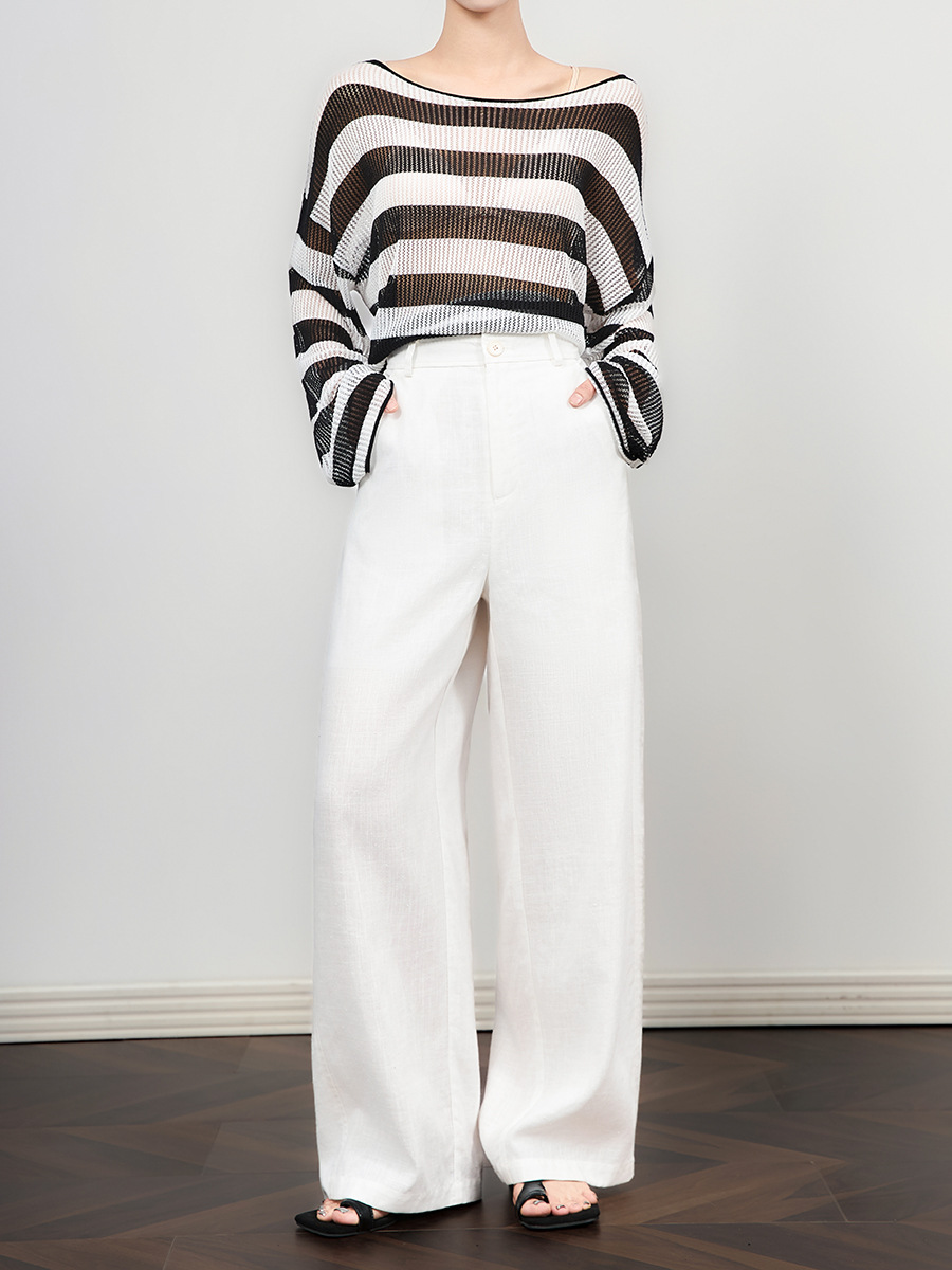 Quần âu ống rộng phong cách tiền cũ vải Tencel linen trắng mùa hè — Màu trắng