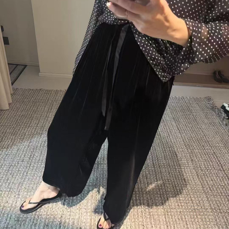 Black Velvet Cropped Wide-Leg Pants for Women, 2026 Spring New Stylish High-Waisted Loose Slimming Drapey Pants Black Velvet Cropped Wide-Leg Pants for Women, 2026 Spring New Stylish High-Waisted Loose Slimming Drapey Pants