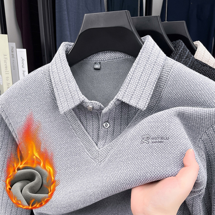 Men's Faux Two-Piece Sweater with Fleece Lining, Thickened Knitwear for Middle-Aged Men, Mink Velvet Splicing, Turn-Down Collar, Winter Warm Clothing
