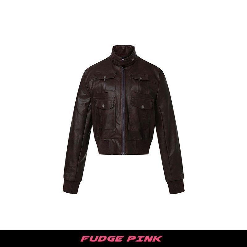 Fudge Pink 25秋季New美式辣妹高品质修身短款皮夹克外套|undefined