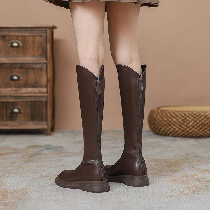 Real Soft Leather Knee-High Boots for Women, Long Boots for Petite Women, Flat High-Tube Riding Boots, V-Cut Brown Long Boots for Women