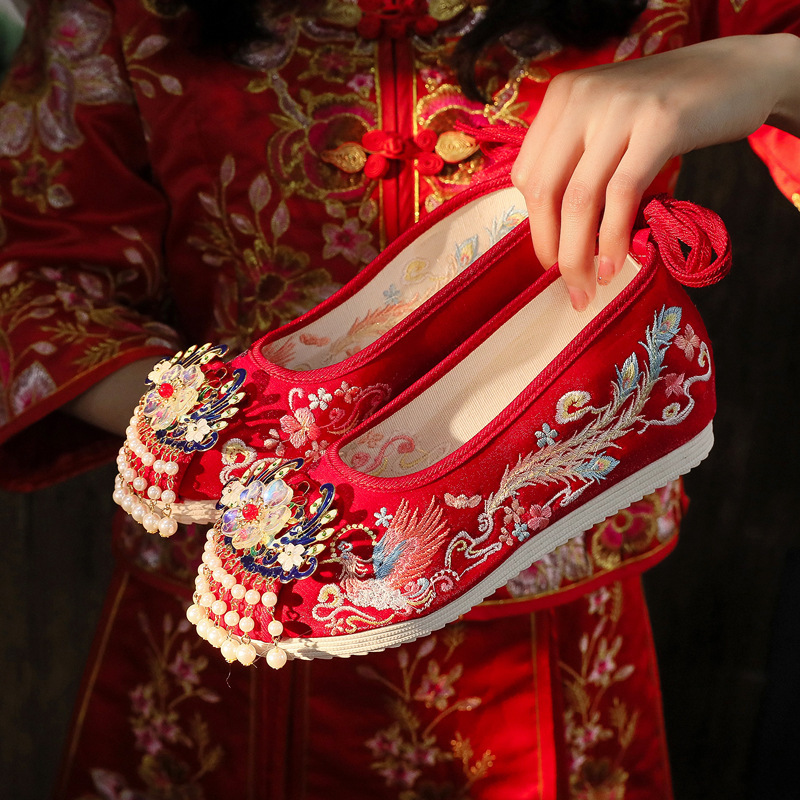 [Supreme Fengming] Spring and Autumn New Tassel Hanfu Shoes Antique Embroidered Shoes Bride Xiuhe Wedding Shoes Chinese-style Height Increase