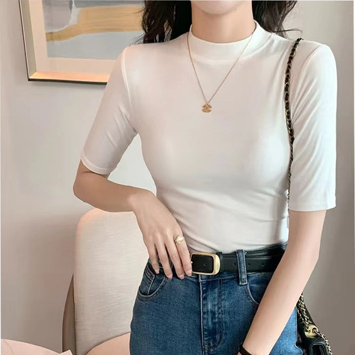 Ribbed Cotton Small Stand Collar Base Shirt for Women, 5-Button Sleeve Summer Fitted Half-Sleeve T-shirt for Women, Top