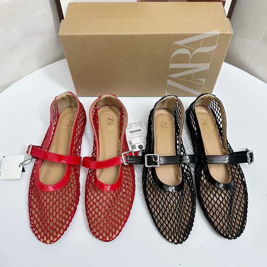 ZA 새로운 스타일의 망사 신발, 여성용 중공 발레 슈즈, 여성용 원라인 버클 아우터 플랫 메쉬 레트로 메리 제인 슈즈