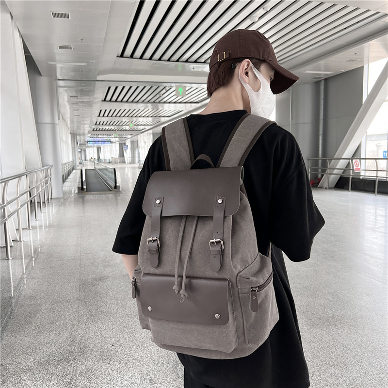 Canvas Backpack Computer Bag Distinctive Fashion Travel Drawstring Double Shoulder Flip Double Shoulder Bag Retro Backpack for Men
