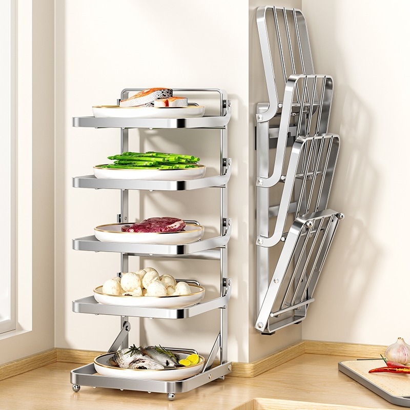 Stainless steel kitchen storage rack, multi-layer foldable vegetable preparation rack, storage shelf for kitchen utensils, a practical kitchen organizer