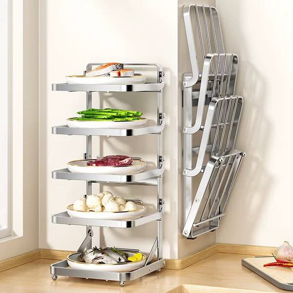 Stainless steel kitchen storage rack, multi-layer foldable vegetable preparation rack, storage shelf for kitchen utensils, a practical kitchen organizer