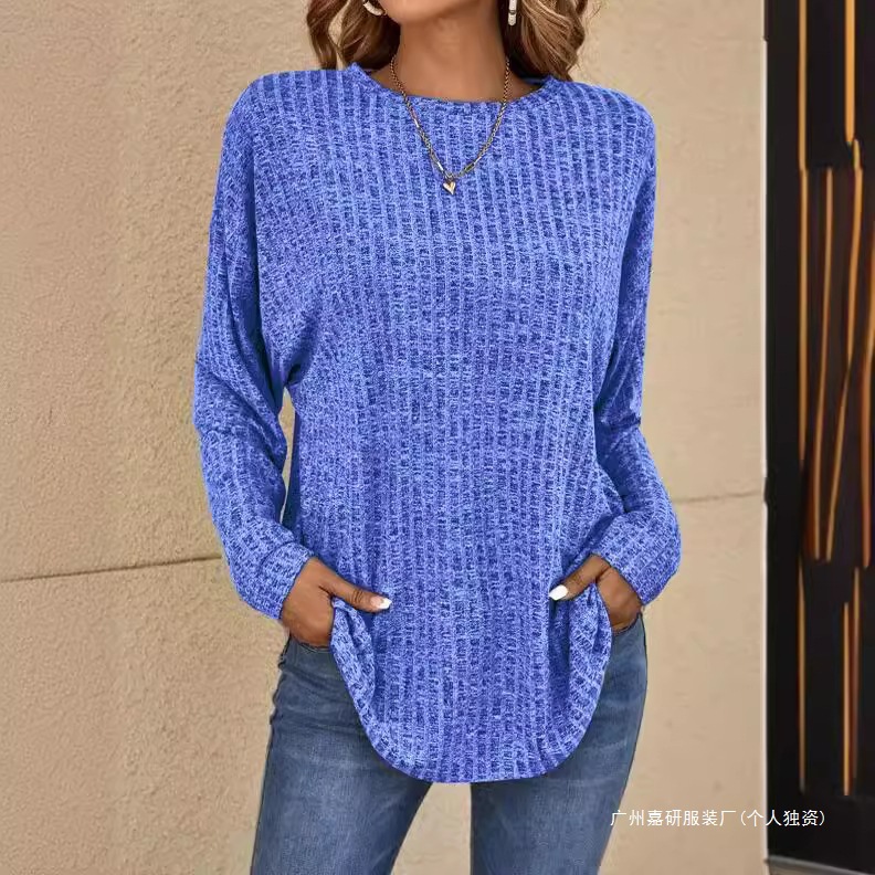 Amazon Wish2025 European and American Autumn New Style Knitted Sweater Round Neck Ribbed Top Long-Sleeved Loose T-Shirt 903 #