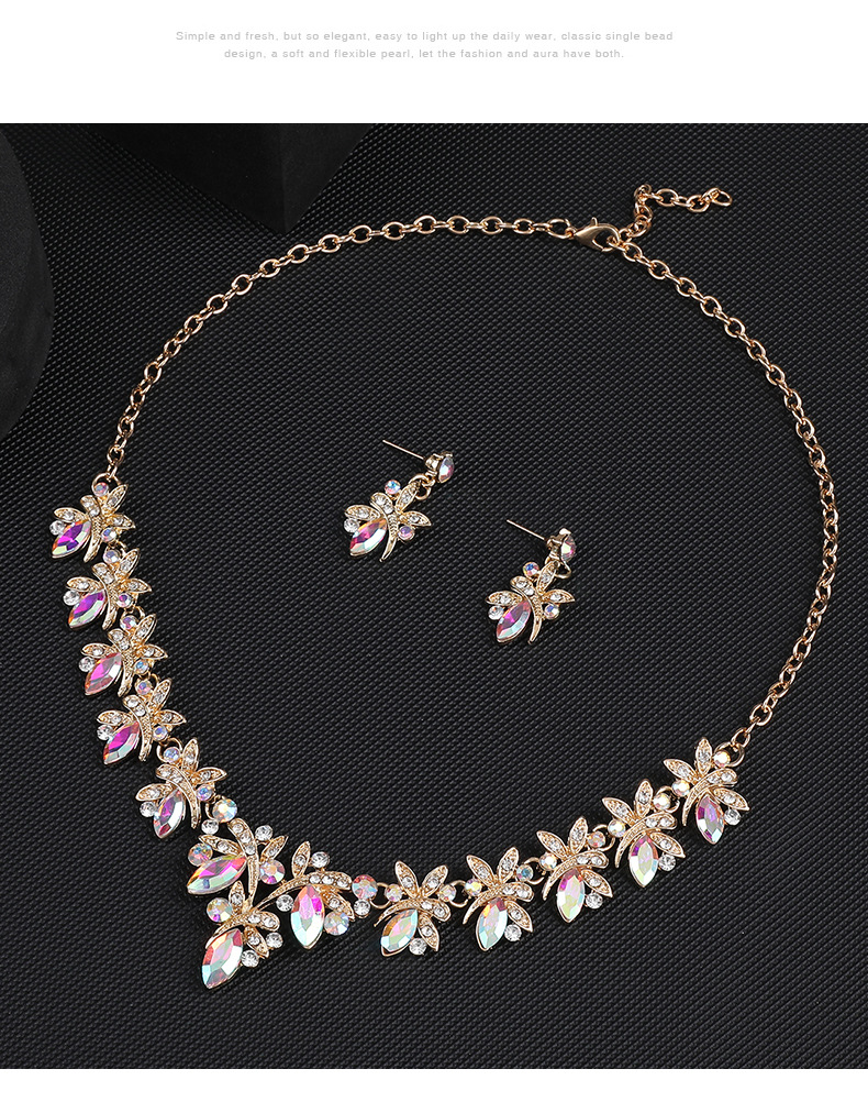 Set di orecchini e collana in lega di cristallo di vetro intarsiato con libellula, abito da sposa e accessori_voghion.com