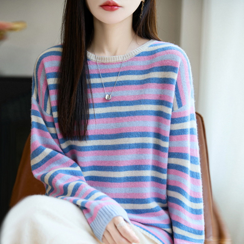 100羊毛衫女式圆领针织打底多巴胺彩条纹设计感毛衣秋冬新款内搭|undefined
