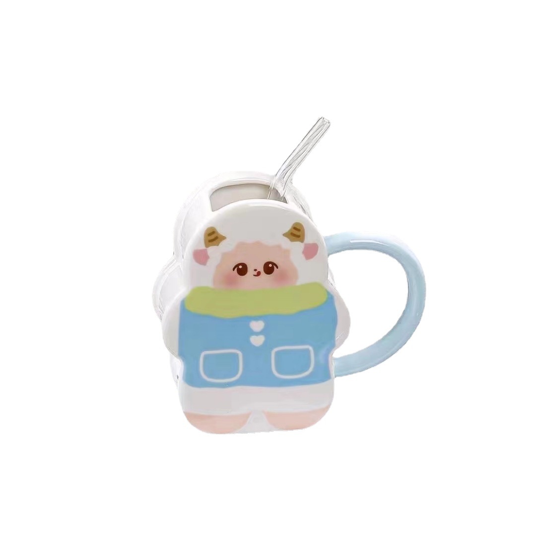 Creativo lindo pequeño oveja paja agua taza regalo personalizado cerámica lindo mascota pareja taza de café chica