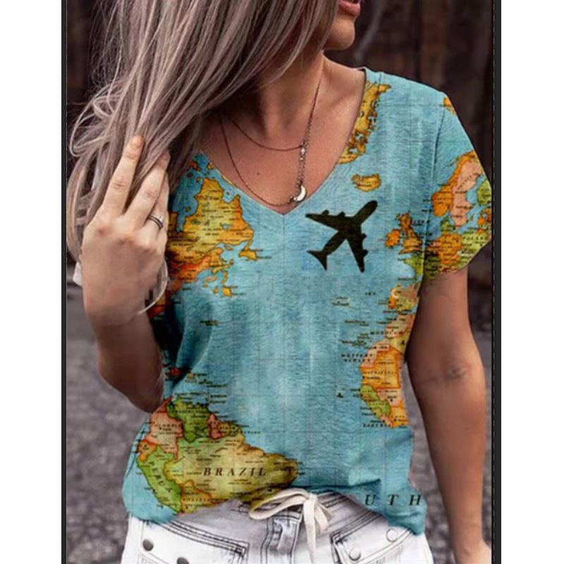 Printing Design Casual Style Wholesale Women'S Casual Map Star Flower Short Sleeve Printing T-Shirts