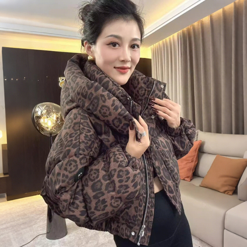 豹纹保暖羽绒棉服女2024冬季新款时尚洋气宽松减龄小棉袄棉衣外套