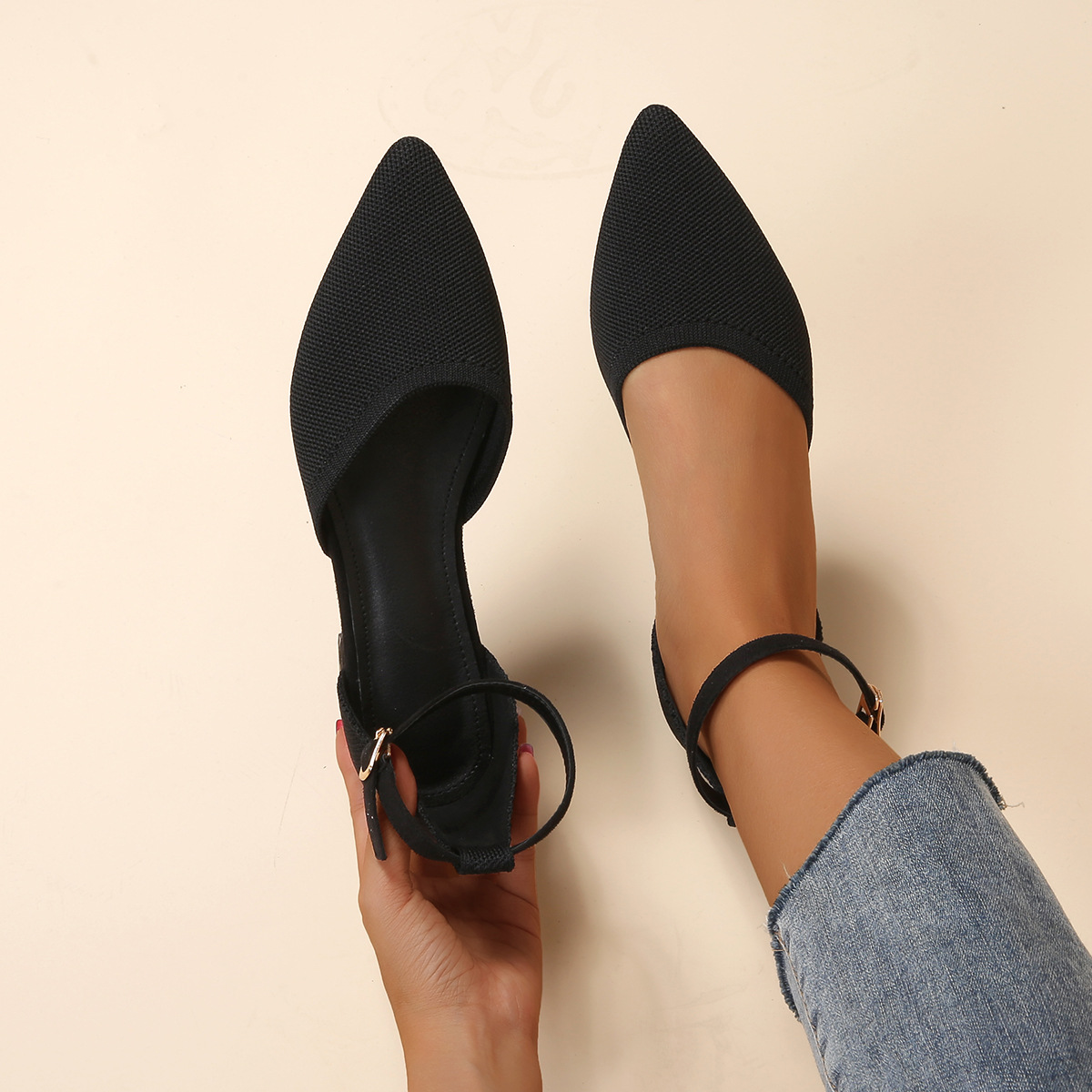 Half top women's single shoes pointed flying fabric hollow buckle low heel fashion shoes_voghion.com