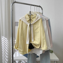 显白纯色polo领宽松棉感长袖衬衫女纯色外套条纹披肩两件套6078