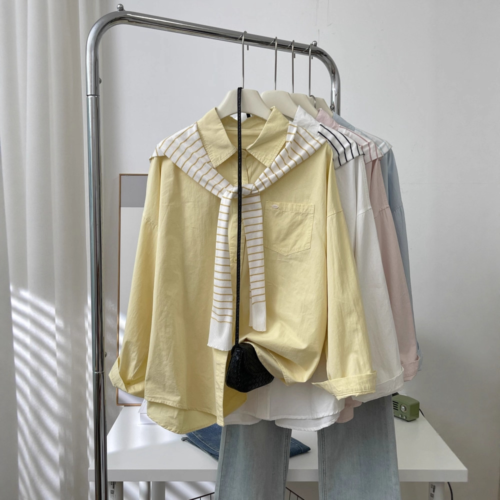 显白纯色polo领宽松棉感长袖衬衫女纯色外套条纹披肩两件套6078