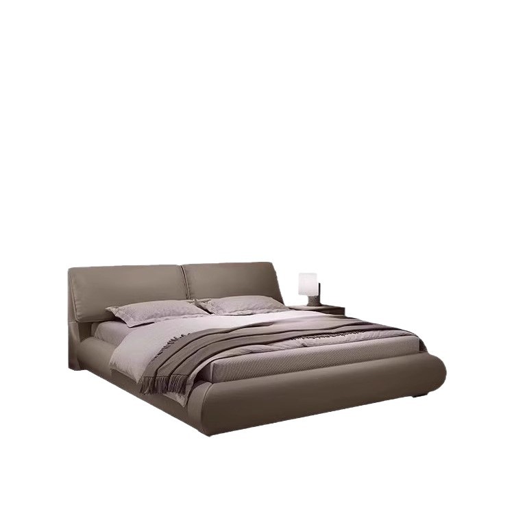 Luz lujosa cama doble moderna y simple, atmósfera italiana de alta gama, cama de matrimonio minimalista, cama queen, cama de cuero de orejas de elefante, dormitorio principal.