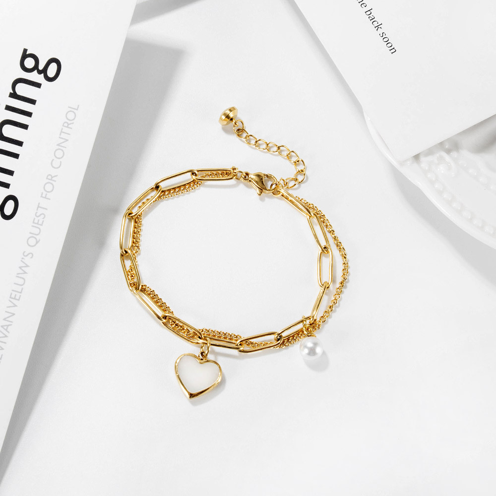 Artificial Pearls, Shell Inlay Material PVD Coated Geometric Titanium Steel Waterproof Non Tarnish 304 Stainless Steel Bracelets