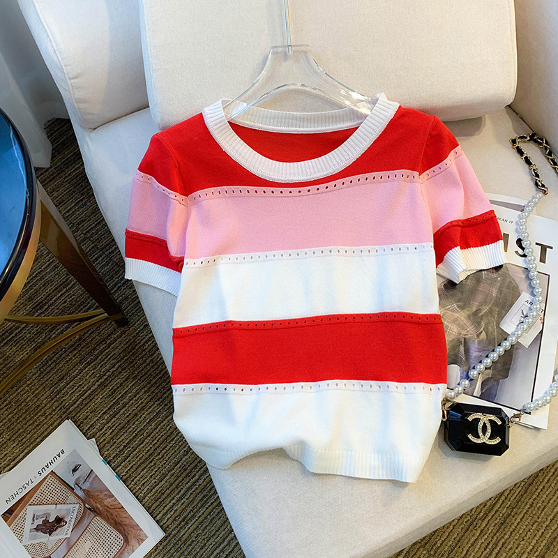 Real photos of in-stock, new summer/autumn striped color-blocked round neck T-shirt, ice silk knit short-sleeved women's shirt.