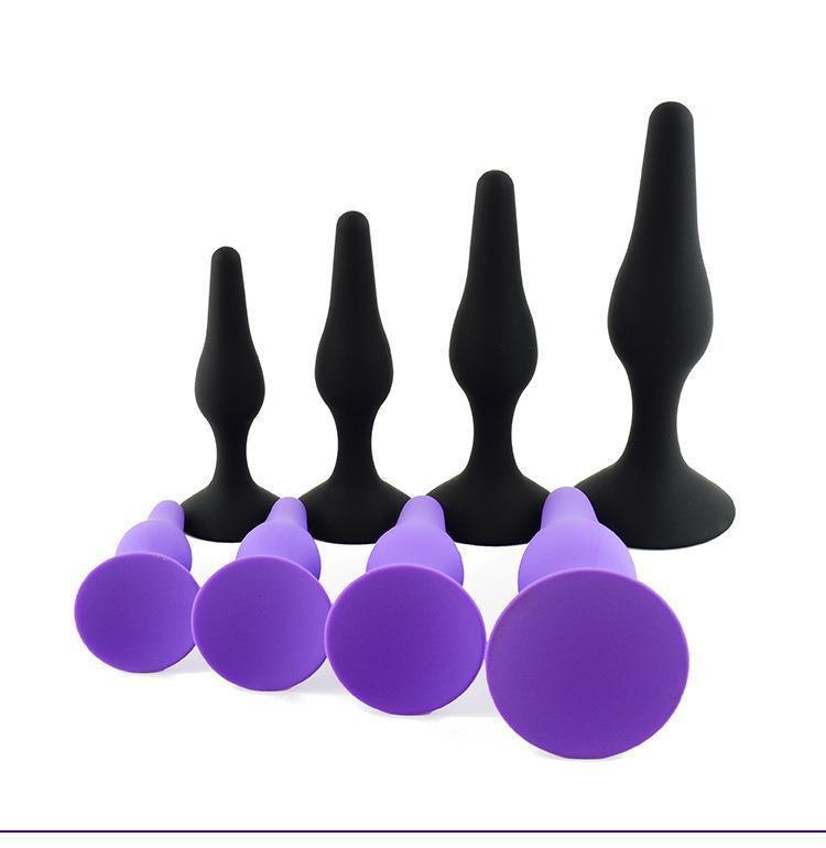 Silicone Anal Plug 4-Piece Set with Suction Cups, Black Body-Safe Training Kit — detail image 21