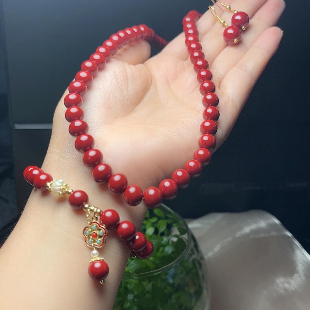 Cinabrio, arena de oro púrpura, joyería de tres piezas, cadena de torre de arena de oro púrpura, collar, pulsera, aretes, regalo para mamá