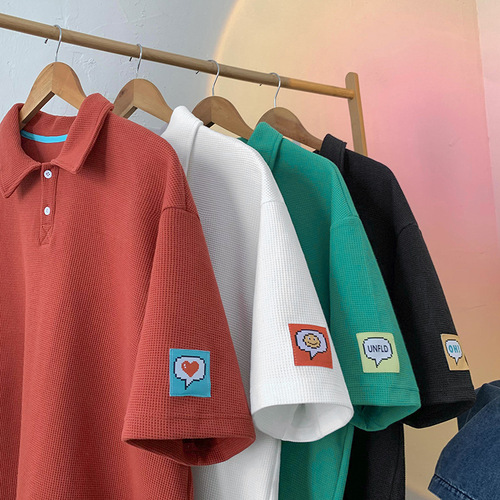 Heavyweight Waffle Short-Sleeve Men's Trendy Independent Brand Design-Focused Label POLO Shirt T-Shirt Loose Fit Versatile Half-Sleeve Top